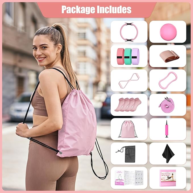 16 Pack Pilates Starter Kit for Women, Home Pilates Essentials Equipment Ring and Ball Set, Fabric Booty Bands, Guide, Pilates Workout Kit for Beginners at Gym Studio Travel