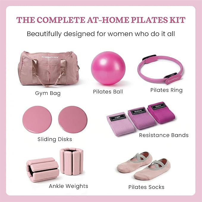 Premium Pilates Kit – 15 inch Pilates Ring and Ball Set w/ 1lbs Ankle Weights, Fabric Resistance Bands, Sliders, Yoga Socks & Gym Bag – Pilates Workout, Home Gym Equipment Accessories