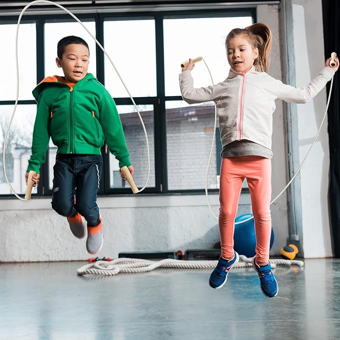 Hungdao 4 Pcs Jump Ropes for Kids with Wooden Handle Cotton Braided Adjustable Skipping Rope for Exercise Fitness Jumping Rope for Children Boys Girls Students Preschooler Outdoor Fun Activity