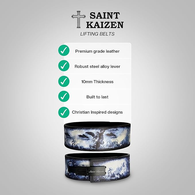 Saint Kaizen Crusader Cross Lever Belt for Weightlifting, Powerlifting, and Bodybuilding, 10mm Thick Leather with Steel Lever Buckle, Sleek Christian-Inspired Design