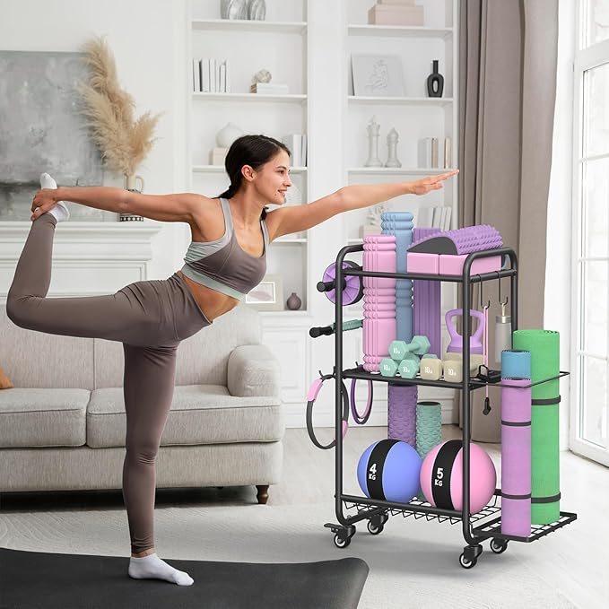 Multi-Functional Home Gym Storage Rack - Yoga Mat Storage Rack, Dumbbell Weight Rack & Workout Equipment Storage with Heavy-Duty Steel Construction for Gym Fitness Organizer