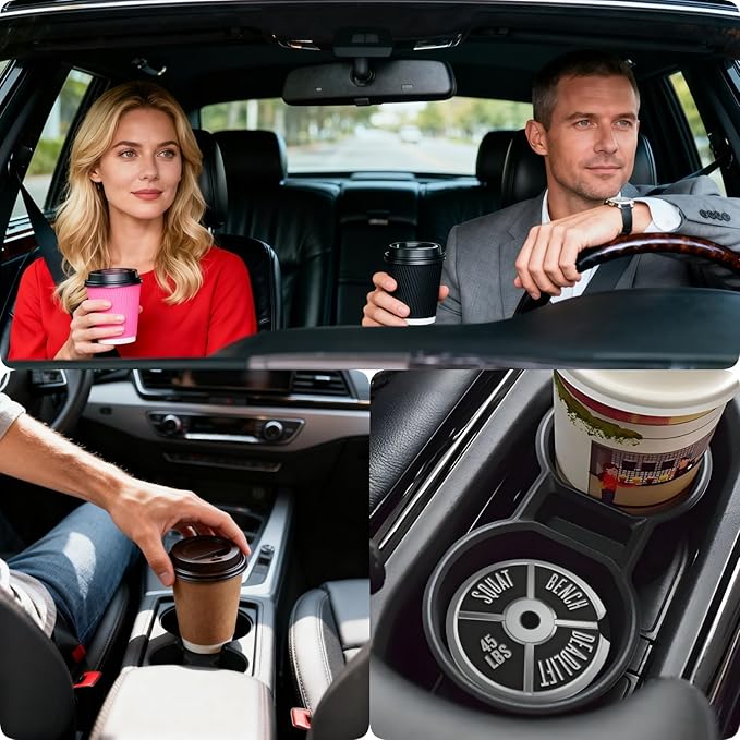 Car Cup Holder Coasters, 2 Pcs Ceramic Coasters with Finger Slot and Cork Back, Anti-Slip Shock Absorbing Women and Men Universal Car Accessories - Barbell