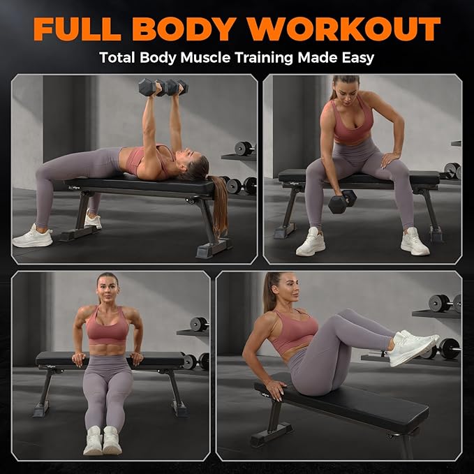 BODY RHYTHM Semi-Commercial Foldable Flat Bench for Multi-Purpose Weight Training and Ab Workout, Flat Weight Workout Exercise Bench with 1000lb Weight Capacity for Strength Training Bench Press, Suitable for Home and Gym.