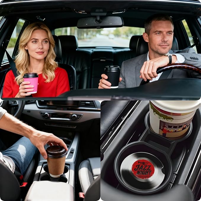 Car Cup Holder Coasters, 2 Pcs Ceramic Coasters with Finger Slot and Cork Back, Anti-Slip Shock Absorbing Women and Men Universal Car Accessories - Jazz Night