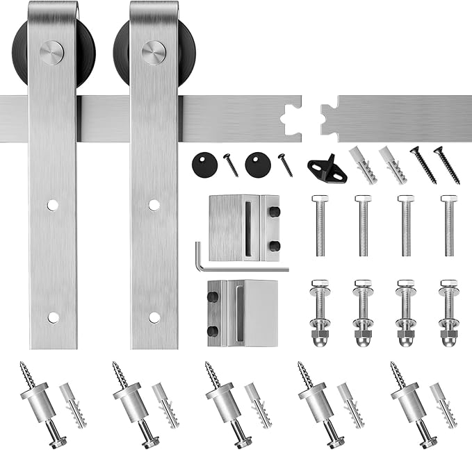 SMARTSTANDARD 6 Feet Brushed Nickel Barn Door Hardware Kit-Heavy Duty Sliding Track-Smoothly and Quietly-Easy to Install-Fit 36" Wide Door Panel (J Shape Hanger)