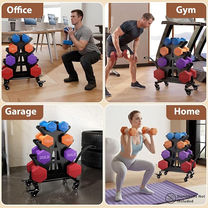 4-Tier Dumbbell Rack on Wheels – Portable A-Frame Weight Rack for Home Gym, Fits 3-30 lb Dumbbells (Rack Only)