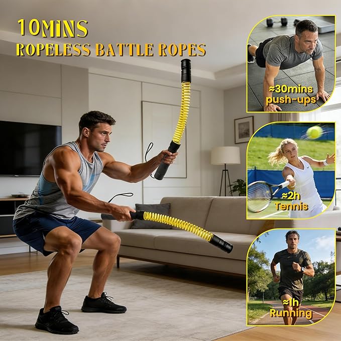Wildarms Upgrade Cordless Battle Rope with Adjust Weight Ropeless Battle Ropes for Strength Training Portable Battle Ropes for Home Gym (Black+Yellow)