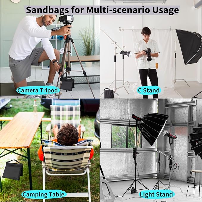 6 Pack Sandbags with 12 PE Bags and 6 Buckle, Weight Bags for Light Stand Photography Video Equipment, Heavy Duty Sand Bags for Backdrop Stand, Photo Tripod, C Stands and Light Stands
