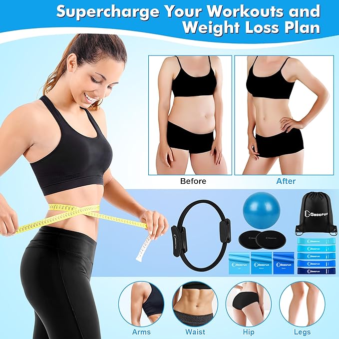 Goocrun Pilates Ring Set Exercise Equipment, with Exercise Resistance Bands Set, Pilates Ball, Sliding Disks. Portable Home Gym - with Fitness Guide Poster
