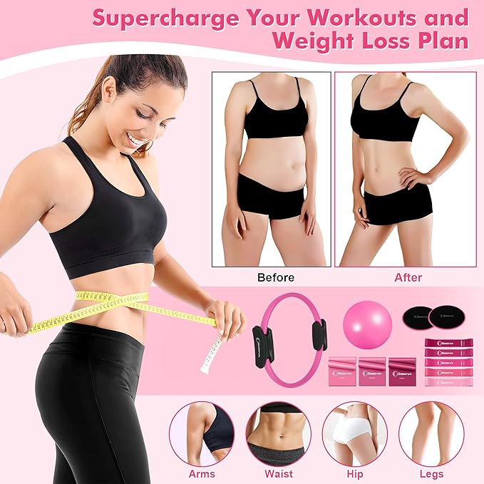 Goocrun Pilates Ring Set Exercise Equipment, with Exercise Resistance Bands Set, Pilates Ball, Sliding Disks. Portable Home Gym - with Fitness Guide Poster