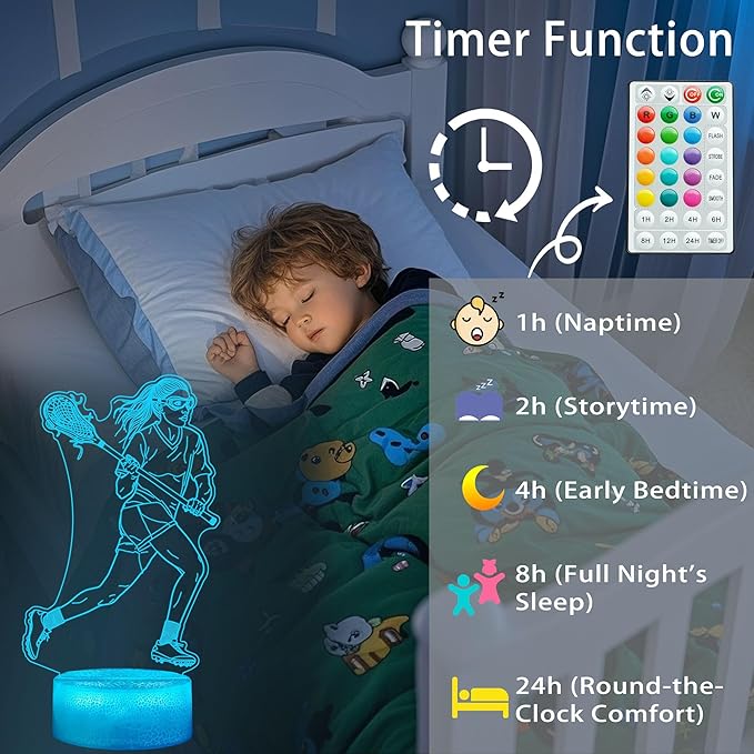 Lacrosse Gifts for Girls, 3D Night Light Lamp with Remote Control, 16 Colors Changing, Timer and Dimmable, Room Decor for Lacrosse Women, Mom, for Birthday Holiday Christmas