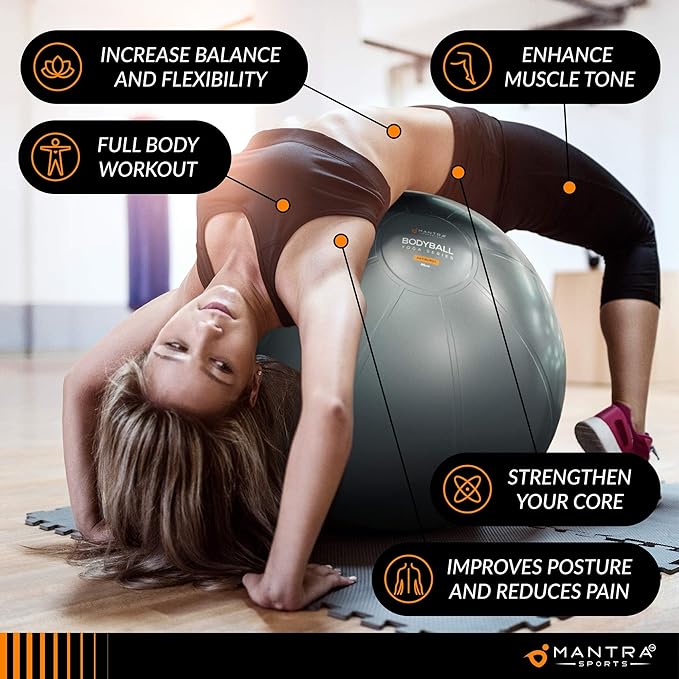 MANTRA SPORTS Exercise Ball – Yoga Ball for Pilates & Fitness - Birthing for Pregnancy, Stability, Core, Balance, Therapy for Physical Rehab, Workout for Home Gym & Office Chair, Fast Pump Included