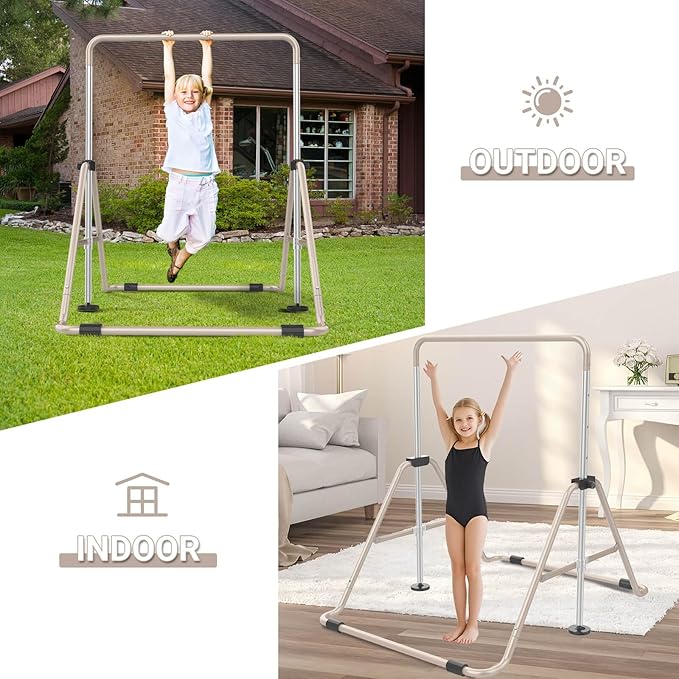 Foldable Gymnastics Bar, 5-Height Adjustable Gymnastic Bars for Kids at Home,Robust & Stable for Indoor/Outdoor Using,Weight Limit 140LBS
