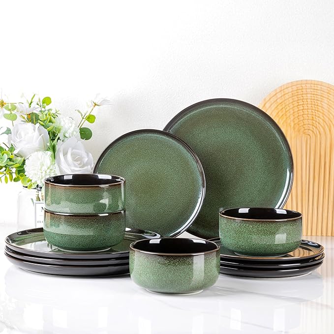 LERATIO Ceramic Plates Set of 6, 8.5 Inch Reactive Glaze Light Weight Porcelain Salad Plates,Modern Shape Dinnerware Dishes Set for Kitchen,Microwave&Dishwasher&Oven Safe,Resistant-Green