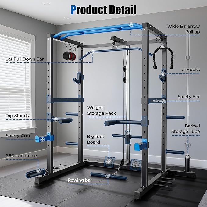 Sportsroyals Squat Rack, LAT Power Cage, Power Rack Multi-Function with Pulley System and Training Attachments for Home Gym