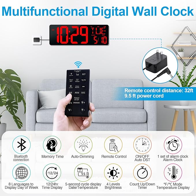 CYMHCHL 17.2" Large Digital Wall Clock Bluetooth Auto Time Sync Digital Clock Large Display Auto-Dimming/DST Led Wall Clock with Date Week Big Timer for Living Room Classroom Garage Gym Decor
