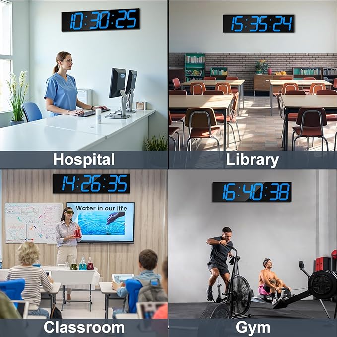 CHKOSDA 28.4''Large Digital Wall Clock,Automic Digital Clock with Alarm,Clendar and Termperature,Auto Time Sync with Easy Operation, Big Gym Timer with Countdown,Countup and Interval Workout(Blue)