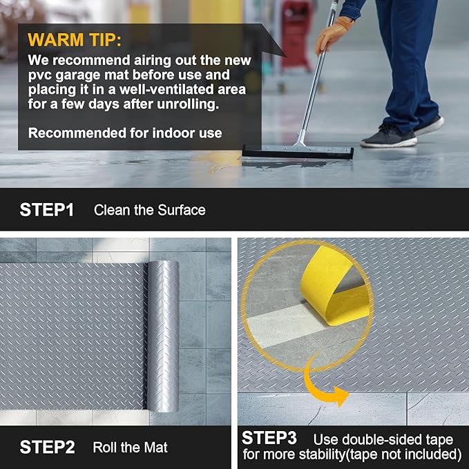 4x20FT Garage Floor Mat, 2.8mm Thickened Flooring Roll for Under Car, Golf Cart Parking Mat, Diamond Plate PVC Rubber Motorcycle Mat, Non-Slip Floor Protector for Garage Warehouse Trailer, Grey