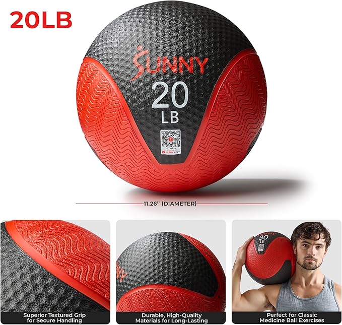Sunny Health & Fitness Medicine Ball, Textured Rubber, Core Strength & Balance Training, Bouncing, Weight for Home Workouts 4,6,8,10,12,15,20,25,30LB Options