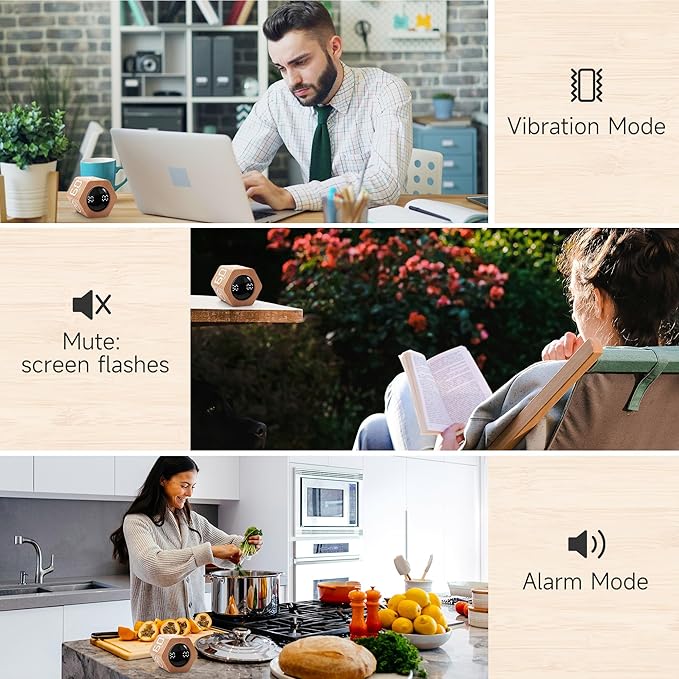 Productivity Timer 1, 5, 10, 30, 60 Minutes Preset, Desk Cube Timer with Gravity Sensor/Mute/Vibration for ADHD, Work, Study, Kitchen, Back to School (Wood Grain)