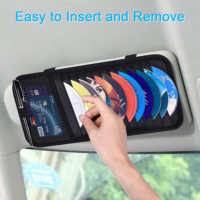 Car CD Case Holder, Wisdompro Vehicle Sun Visor Organizer for Cars with 12 DVD Storage Sleeves, 1 Mesh Pocket, 1 Pen Holder and Elastic Strap, Black