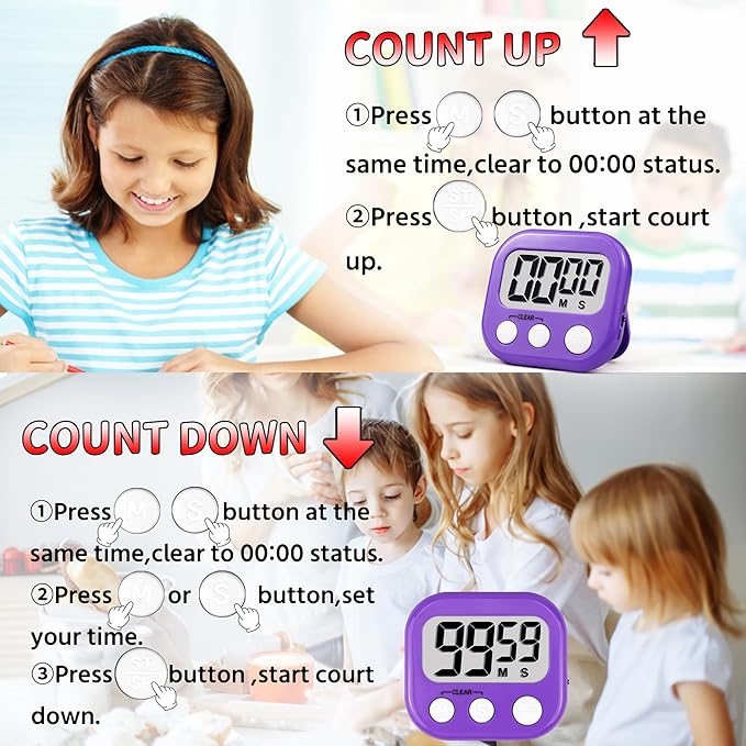 Timer for Kids Teachers Supplies Digital Kitchen Timers for Cooking Large Magnetic Classroom Timer 4Pack-Blue Purple