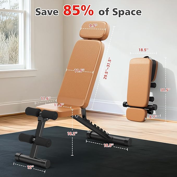 XDDIAS Workout Bench, 10 Backrests Adjustable Weight Bench with Extended Headrest, 800LBS Foldable Weight Bench for Home Gym, Incline Decline Flat Bench Compact for Small Space Training