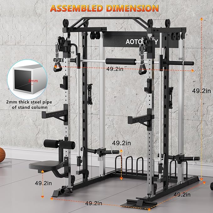 Smith Machine Strength Training Squat Rack with Smith Bar, Power Cage with LAT Pull-Down Systems, Cable Crossover Machine for Home Gym