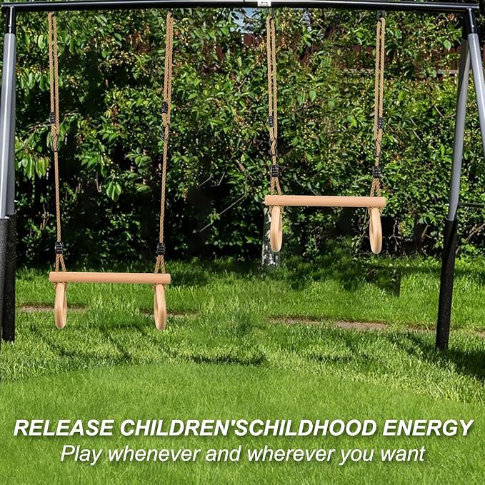 YAERSI Children's Trapeze Swing Bar with Wooden Gym Rings,Trapeze Bar for Swing Set (Water Drop)