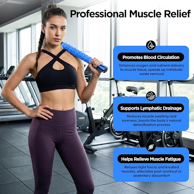 Muscle Roller & Massage Roller Stick for Athletes - Lymphatic Drainage Support, Relieves Muscle Soreness, Cramping & Tightness - Targets Legs, Arms, Back & Calves (Blue - 18inch)