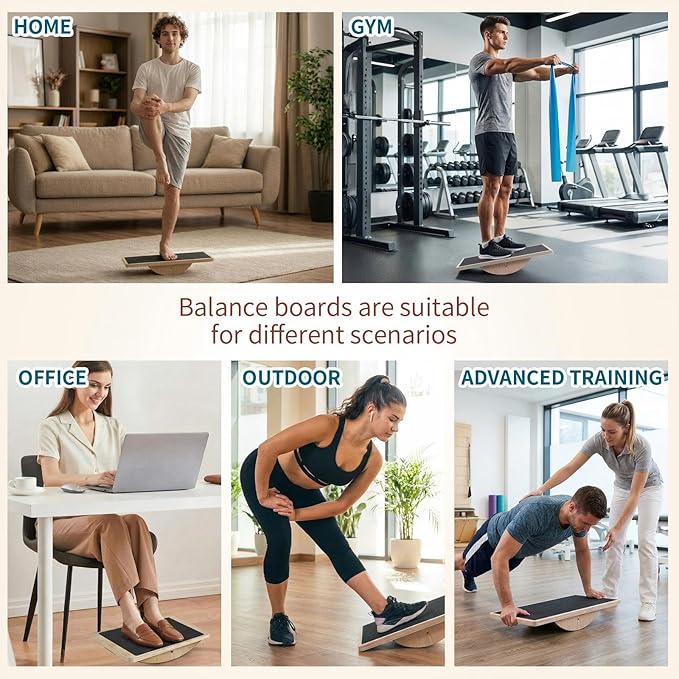 Thenshop Balance Board Trainer Set with Resistance Bands – Wooden Wobble Board for Core Strength, Stability & Balance Training, Includes 3 Tpe Exercise Bands