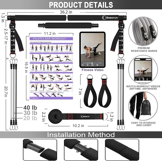 Goocrun Portable Pilates Bar Kit with Resistance Bands for Men and Women - 3 Set Exercise Resistance Bands - Multifunctional Home Gym - Supports Full-Body Workouts β with Fitness Poster and Video
