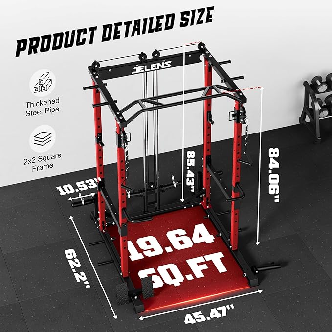 JELENS C12 Squat Rack for Home Gym, 2000LBS Power Rack with Adjustable Pulley System, Power Cage Workout Equipment with LAT Pulldown and Training Attachment