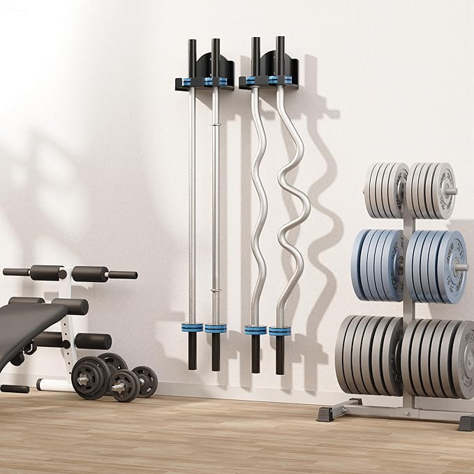 Olympic Barbell Wall Rack Holder - Heavy Duty 66lbs Weight Storage Mount with EVA Pads