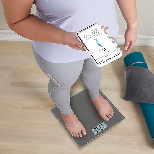 Taylor Smart Bathroom Scale with Precision Hub App, Digital Body Weight Scale, 400 lb Capacity, 8 User Profiles, Smart App Connectivity, Sync to 3rd Party Apps, BMI Tracking, Glass Platform, Charcoal