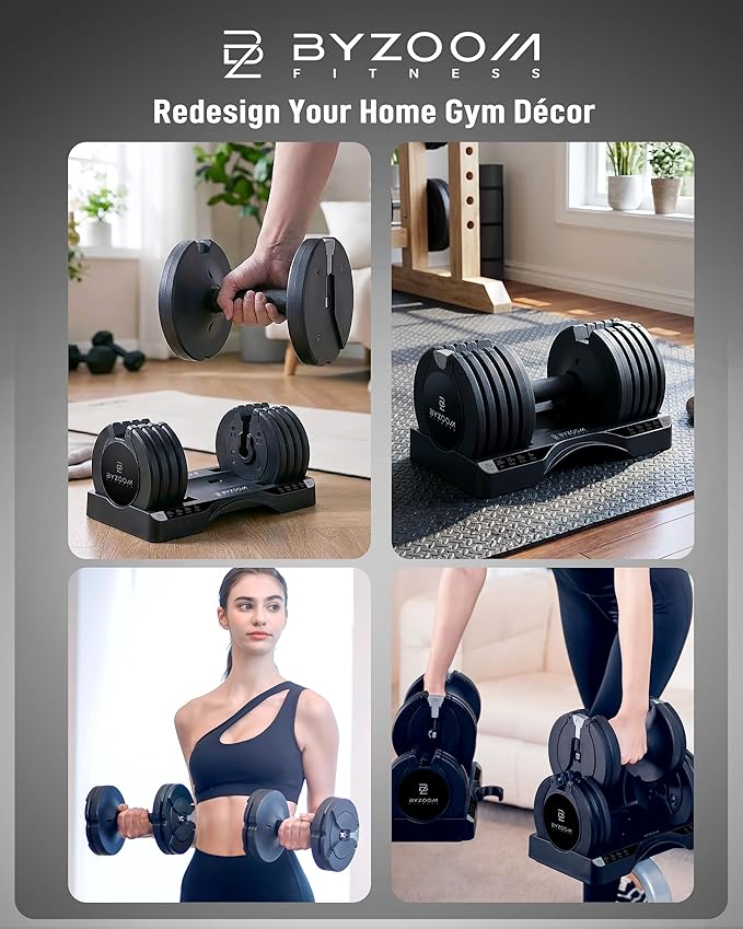 BYZOOM FITNESS Pure Series Adjustable Dumbbell - 12.5/25/27.5/75lb - ONE UNIT OR PAIR(check QTY before purchase) - 5-in-1/ 10-in-1 / 21-in-1 Flexible Hand Weights for Home Gym, Strength Training & Fitness Workouts, White OR Black