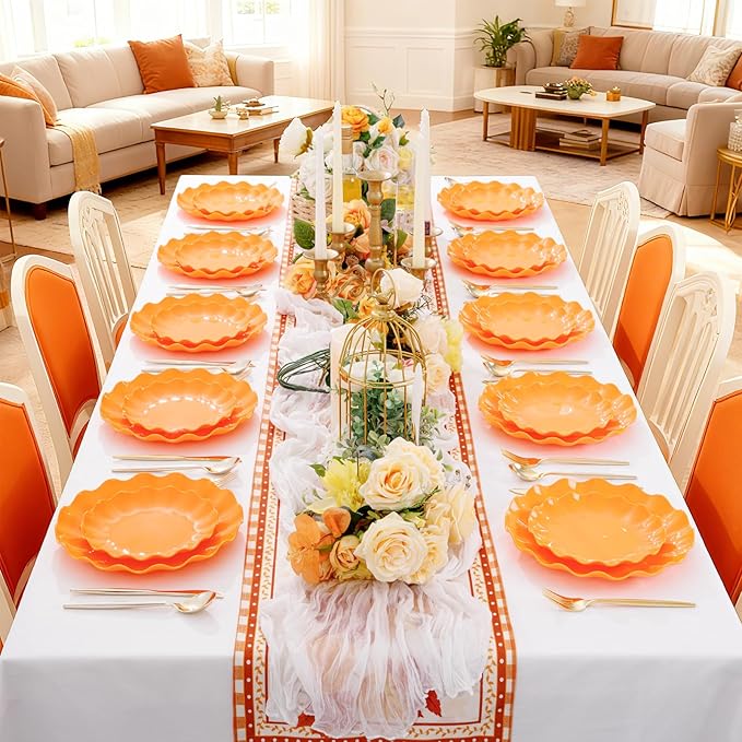 LIYH 50 Pcs Orange Scalloped Heavy Duty Reusable Unbreakable Plastic Plates for Party, Dishwasher Safe BPA Free (25 Guests) - 10 Inch Dinner Plate and 7.5 Inch Dessert Plates