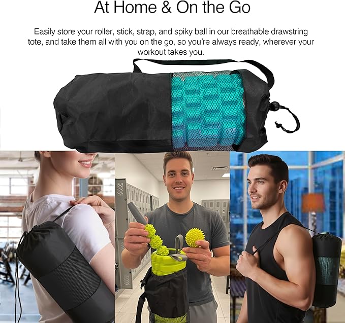 321 STRONG Foam Roller Set with: Hollow Core Roller, Muscle Roller Stick, Stretching Strap, Spikey Ball, Quick Start Guide, Carry Bag, and 4K eBook