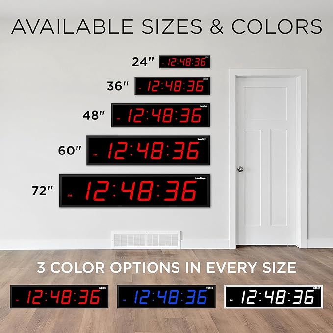 Ivation Huge Oversized 60" Large Digital LED Clock | Big Digital Clock w/Multi-Function Display – Stopwatch, Timer, Alarms, Temp & Date | 6 Brightness Levels, Time Memory & Remote (Red)
