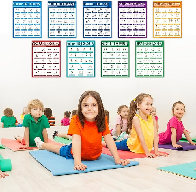 9Pcs Exercise Poster Set Workout Chart Posters Dumbbell Kettlebell Yoga Stretching Pilates Resistance Bands Stability Ball Body Weight Dumbbell Physical Educational Fitness Decoration for Home Gym