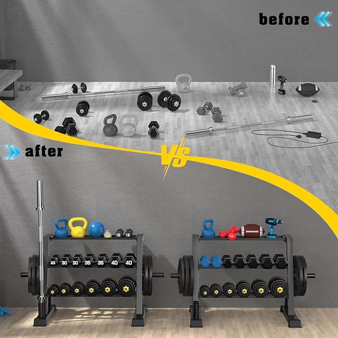 3-Tier Weight Rack, Dumbbell Kettlebell Rack 1100LB Capacity Weight Plate and Curl Bar Storage for Home Gym