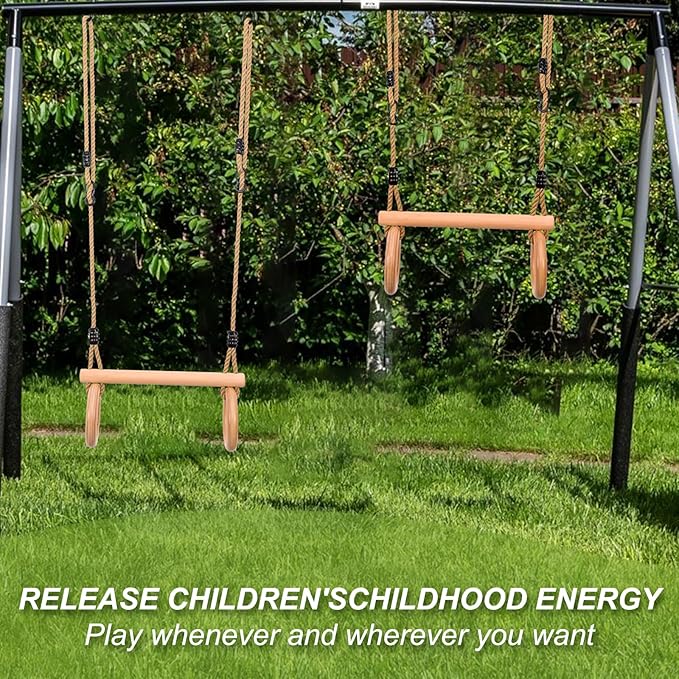 YAERSI Children's Trapeze Swing Bar with Wooden Gym Rings,Trapeze Bar for Swing Set