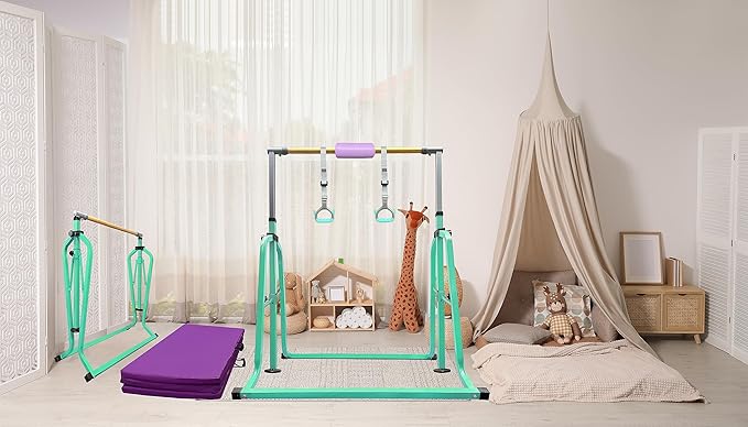 Foldable & Moveable Gymnastics Horizontal Bar with Rings,3’to 5’Adjustable Height Expandable Junior Kip Bar for Home,Indoor Gym Equipment for Kids