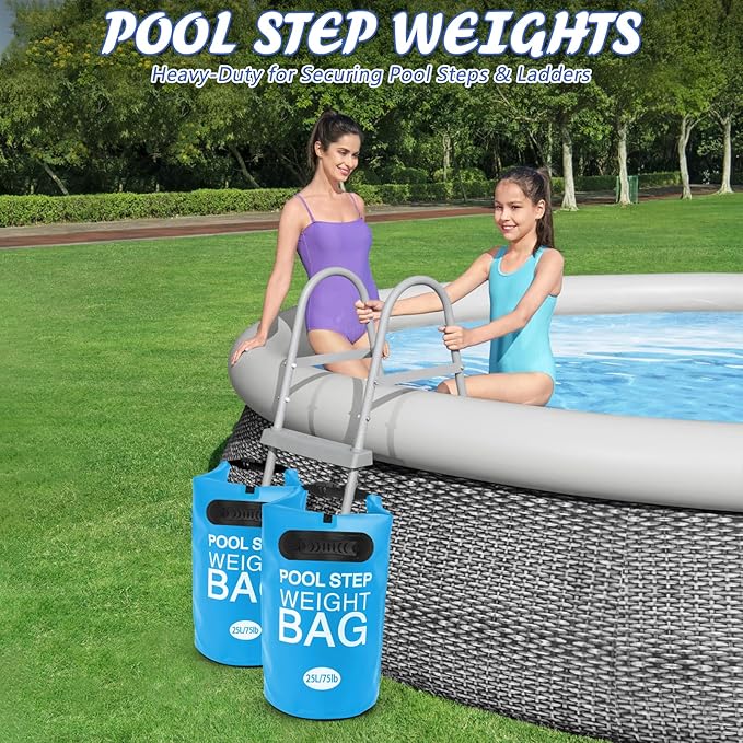 2 Pack 25L/75lb Universal Pool Step Weights 500D PVC Waterproof Swimming Pool Ladder Weights No Breaken Above Ground Pool Ladder Sand Bags, Foldable Pool Stair Weights for Pool Steps(Sky Blue)