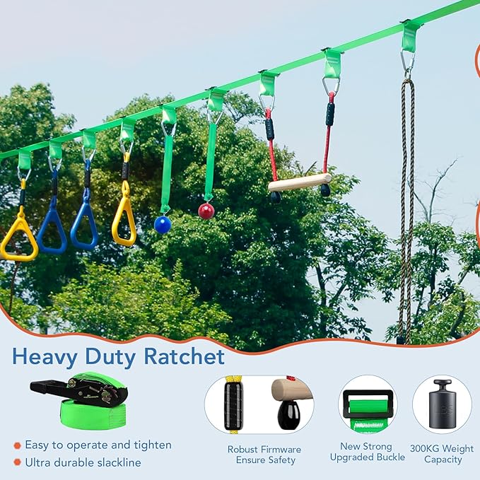 2-in-1 Ninja Warrior Obstacle Course with Zip Line for Kids & Adults, Transformable Backyard Slackline Kit, Outdoor Play Set with Swing, Climbing Obstacles & Flying Seat, Easy Setup, Heavy Duty