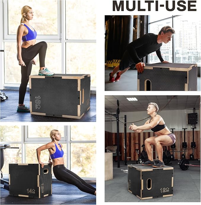 Signature Fitness 3 in 1 Non-Slip Wooden Plyo Box Jump Exercise Platform, Plyometric Workout Equipment for Home Gym, Training Step Box, Gray, Multiple Sizes