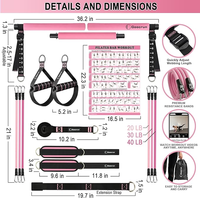 Goocrun Portable Pilates Bar Kit with Resistance Bands for Men and Women - 3 Set Exercise Resistance Bands - Multifunctional Home Gym - Supports Full-Body Workouts β with Fitness Poster and Video