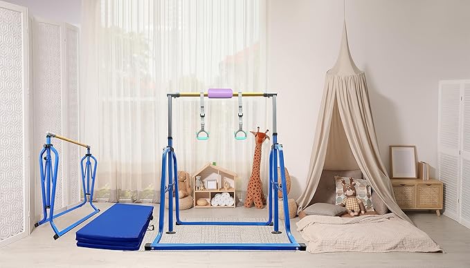 Foldable & Moveable Gymnastics Horizontal Bar with Rings,3’to 5’Adjustable Height Expandable Junior Kip Bar for Home,Indoor Gym Equipment for Kids