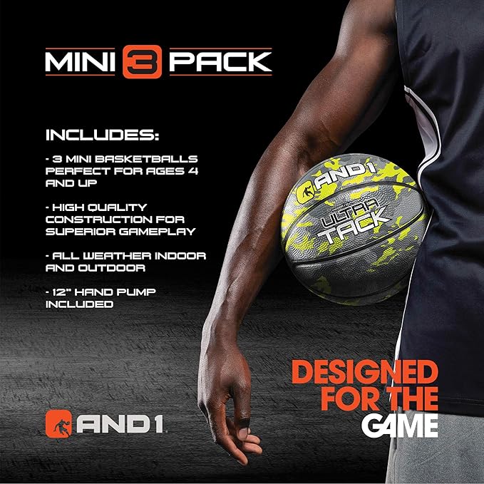 AND1 Mini Basketball 3 Pack Set for Kids (Deflated w/Pump Included): - Size 3 7-Inch Premium Youth Size Basketballs, Easy to Grip