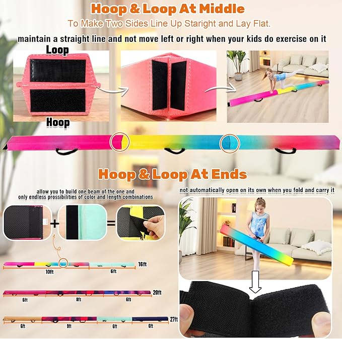 MARFULA 6 FT / 8 FT / 9 FT Folding Gymnastics Beam Foam Balance Floor Beam - Extra Firm - Suede Cover - Anti Slip Bottom with Carry Bag for Kids/Adults Home Use